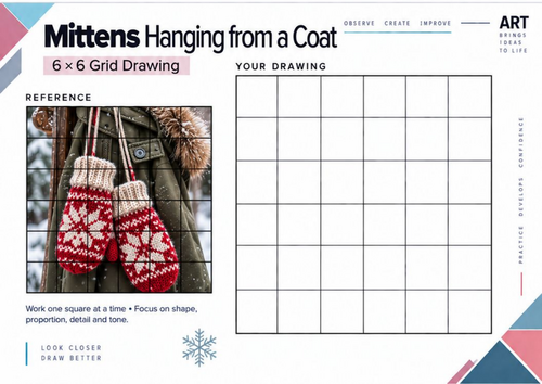 Mittens Hanging from a Coat Grid Drawing Worksheet | Winter Texture Art | KS3 & KS4