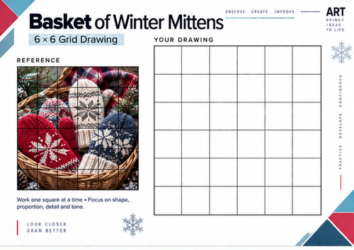 Basket of Winter Mittens Grid Drawing Worksheet | Winter Still Life Art | KS3 & KS4