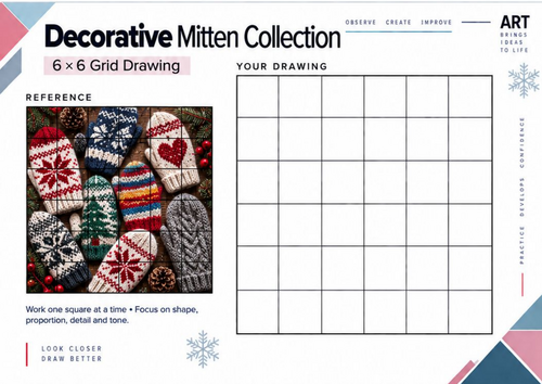 Decorative Mitten Collection Grid Drawing Worksheet | Winter Pattern Art | KS3 & KS4