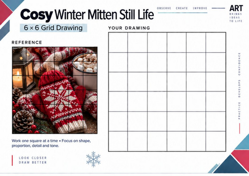 Cosy Winter Mitten Still Life Grid Drawing Worksheet | Winter Art | KS3 & KS4
