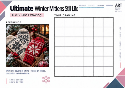 Ultimate Winter Mittens Still Life Grid Drawing Worksheet | Detailed Winter Art | KS3 & KS4