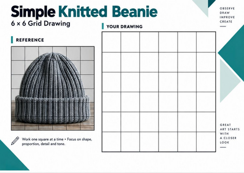 Simple Knitted Beanie Grid Drawing Worksheet | Winter Art Activity | KS3 & KS4