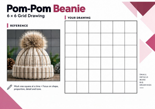 Pom-Pom Beanie Grid Drawing Worksheet | Winter Hat Drawing Activity | KS3 & KS4