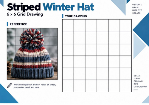 Striped Winter Hat Grid Drawing Worksheet | Winter Art & Pattern Drawing | KS3 KS4