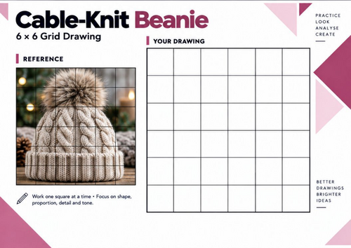 Cable-Knit Beanie Grid Drawing Worksheet | Texture & Tonal Shading | KS3 KS4 Art