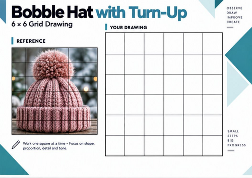 Bobble Hat with Turn-Up Grid Drawing Worksheet | Winter Art Activity | KS3 KS4