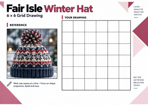Fair Isle Winter Hat Grid Drawing Worksheet | Pattern & Texture Art | KS3 KS4