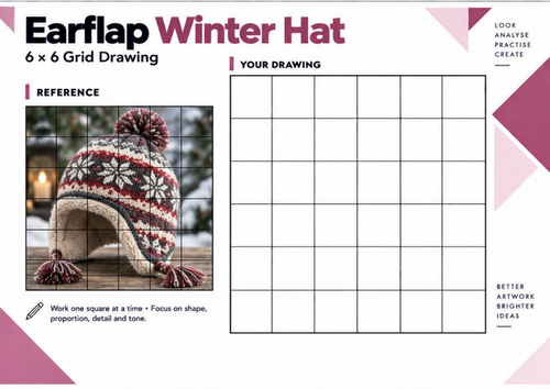 Earflap Winter Hat Grid Drawing Worksheet | Winter Pattern Drawing | KS3 KS4 Art