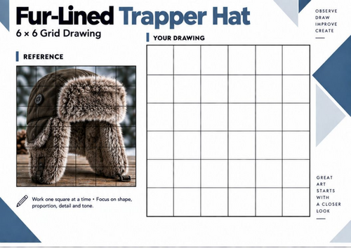 Fur-Lined Trapper Hat Grid Drawing Worksheet | Texture & Tone | KS3 KS4 Art