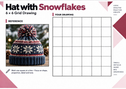 Snowflake Winter Hat Grid Drawing Worksheet | Christmas & Winter Art | KS3 KS4