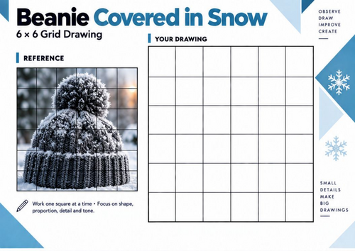 Snow-Covered Beanie Grid Drawing Worksheet | Winter Texture Drawing | KS3 KS4
