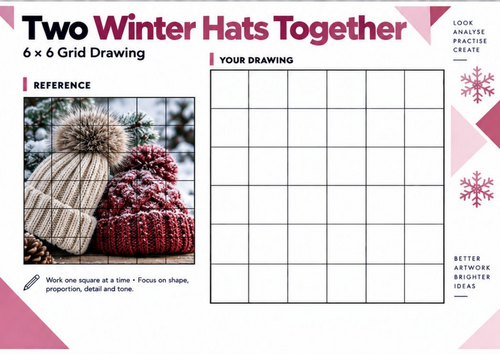 Two Winter Hats Grid Drawing Worksheet | Winter Still Life Art | KS3 KS4