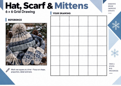 Winter Hat Scarf & Mittens Grid Drawing Worksheet | Winter Still Life | KS3 KS4