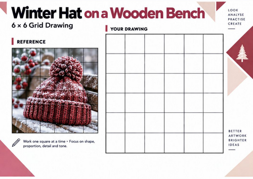 Winter Hat on Wooden Bench Grid Drawing Worksheet | Texture Art | KS3 KS4