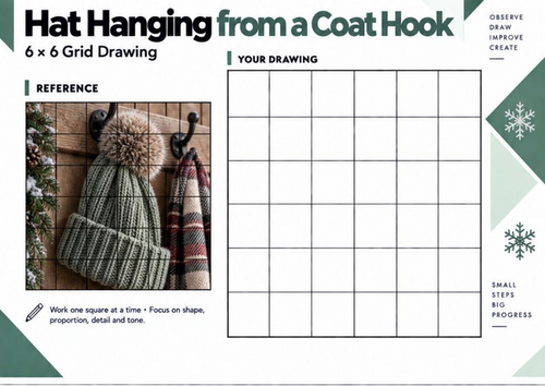 Winter Hat on Coat Hook Grid Drawing Worksheet | Observational Art | KS3 KS4