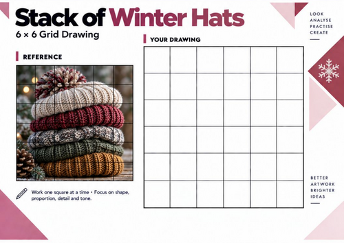 Stack of Winter Hats Grid Drawing Worksheet | Winter Still Life Art | KS3 KS4