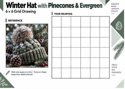 Winter Hat with Pinecones & Evergreen Grid Drawing Worksheet | Winter Art | KS3 KS4