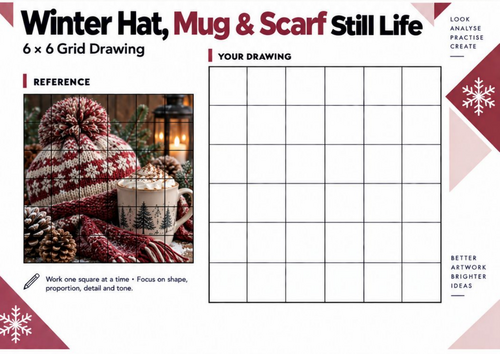 Winter Hat Mug & Scarf Grid Drawing Worksheet | Cosy Winter Still Life | KS3 KS4 Art