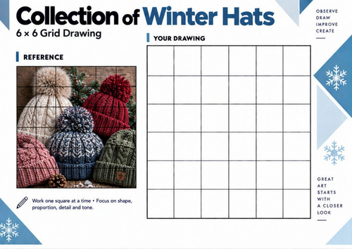 Collection of Winter Hats Grid Drawing Worksheet | Winter Still Life Art | KS3 KS4