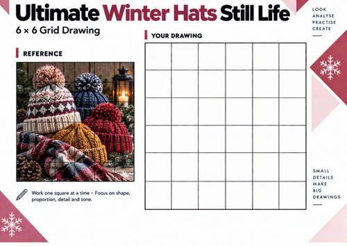 Ultimate Winter Hats Still Life Grid Drawing Worksheet | Winter Art Challenge | KS3 KS4