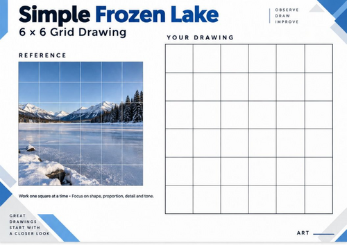 Simple Frozen Lake Grid Drawing Worksheet | Winter Landscape Art | KS3 & KS4