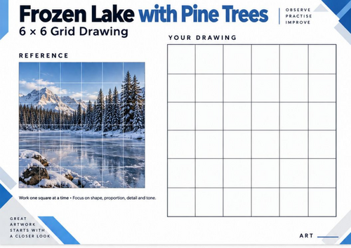 Frozen Lake with Pine Trees Grid Drawing Worksheet | Winter Forest Art ...