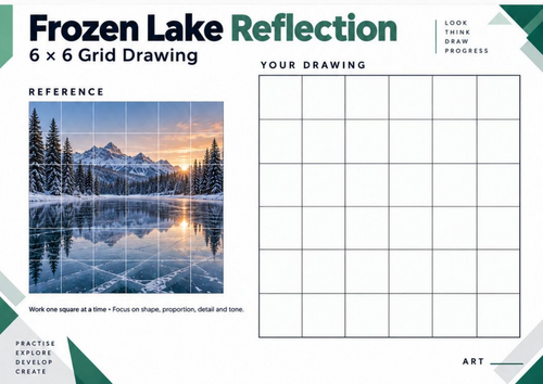 Frozen Lake Reflection Grid Drawing Worksheet | Reflections Landscape Art | KS3 & KS4