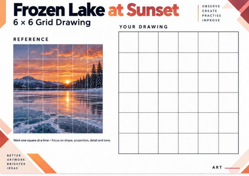 Frozen Lake at Sunset Grid Drawing Worksheet | Winter Sunset Landscape Art | KS3 & KS4