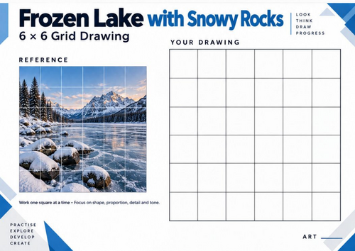 Frozen Lake with Snowy Rocks Grid Drawing Worksheet | Winter Texture Art | KS3 & KS4