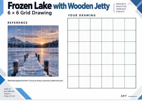 Frozen Lake with Wooden Jetty Grid Drawing Worksheet | Winter Perspective Art | KS3 & KS4