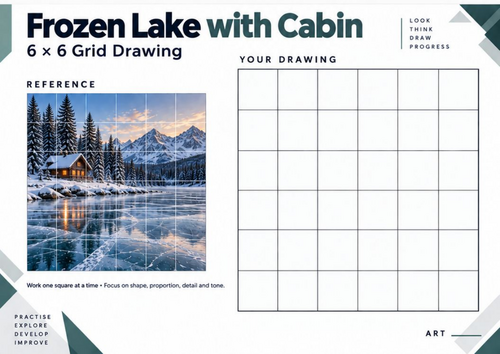 Frozen Lake with Cabin Grid Drawing Worksheet | Winter Cabin Landscape Art | KS3 & KS4