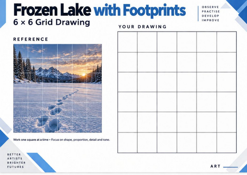 Frozen Lake with Footprints Grid Drawing Worksheet | Snow Landscape Art | KS3 & KS4