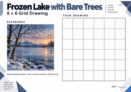 Frozen Lake with Bare Trees Grid Drawing Worksheet | Winter Tree Art | KS3 & KS4