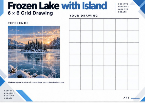 Frozen Lake with Island Grid Drawing Worksheet | Winter Island Landscape Art | KS3 & KS4