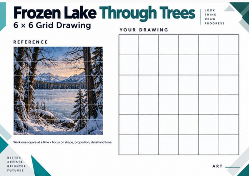 Frozen Lake Through Trees Grid Drawing Worksheet | Winter Woodland Art | KS3 & KS4