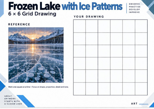 Frozen Lake with Ice Patterns Grid Drawing Worksheet | Ice Texture Art | KS3 & KS4
