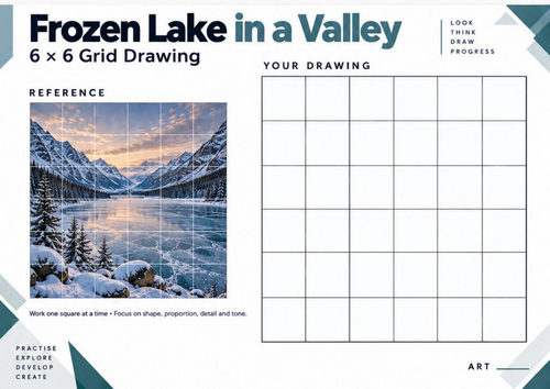 Frozen Lake in a Valley Grid Drawing Worksheet | Winter Mountain Landscape Art | KS3 & KS4