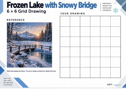 Frozen Lake with Snowy Bridge Grid Drawing Worksheet | Winter Perspective Art | KS3 & KS4