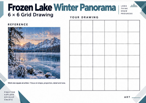 Frozen Lake Winter Panorama Grid Drawing Worksheet | Snowy Landscape Art | KS3 & KS4