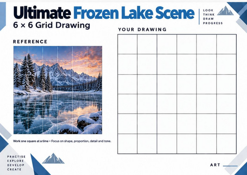 Ultimate Frozen Lake Scene Grid Drawing Worksheet | Detailed Winter Landscape Art | KS3 & KS4