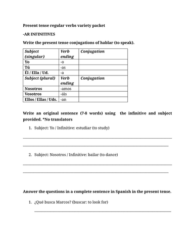 Present tense regular verbs variety packet (Spanish)