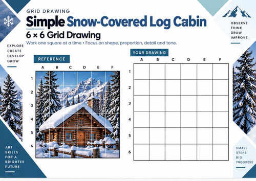 Simple Snow-Covered Log Cabin Grid Drawing Worksheet | Winter Art | KS3 & KS4