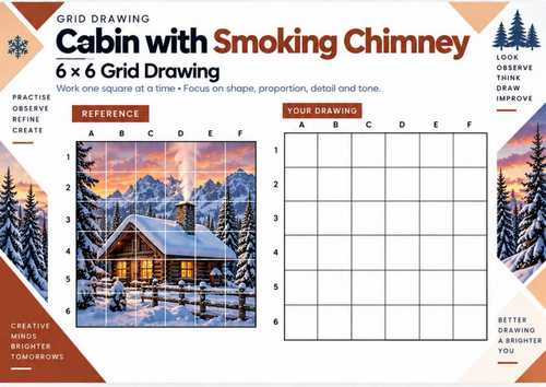 Cabin with Smoking Chimney Grid Drawing Worksheet | Winter Landscape Art | KS3 & KS4