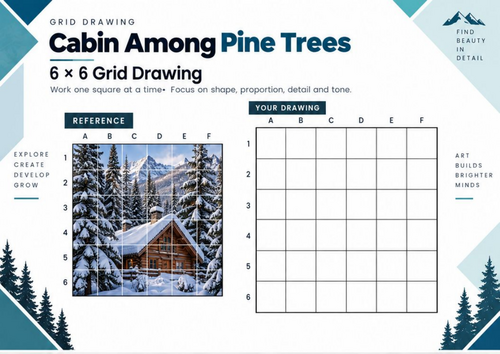 Cabin Among Pine Trees Grid Drawing Worksheet | Winter Forest Art | KS3 & KS4