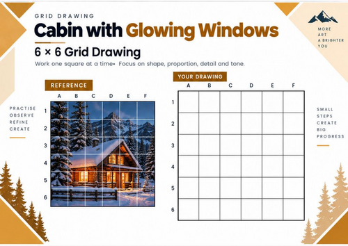 Cabin with Glowing Windows Grid Drawing Worksheet | Winter Light & Shadow Art | KS3 & KS4