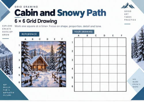 Cabin and Snowy Path Grid Drawing Worksheet | Winter Landscape Perspective | KS3 & KS4