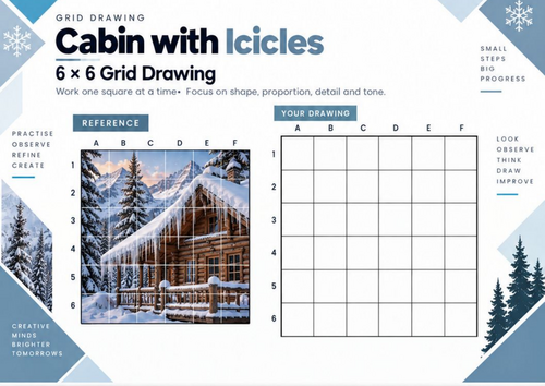 Cabin with Icicles Grid Drawing Worksheet | Winter Texture & Detail Art | KS3 & KS4