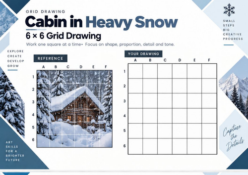 Cabin in Heavy Snow Grid Drawing Worksheet | Snowy Winter Landscape Art | KS3 & KS4