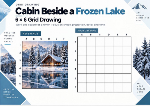 Cabin Beside a Frozen Lake Grid Drawing Worksheet | Winter Reflections Art | KS3 & KS4