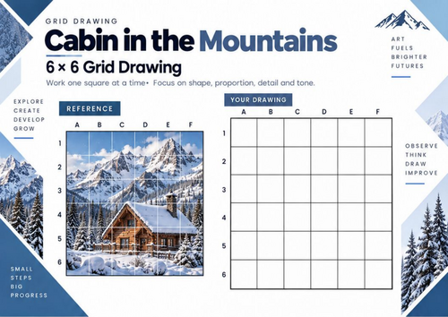 Cabin in the Mountains Grid Drawing Worksheet | Alpine Winter Landscape Art | KS3 & KS4